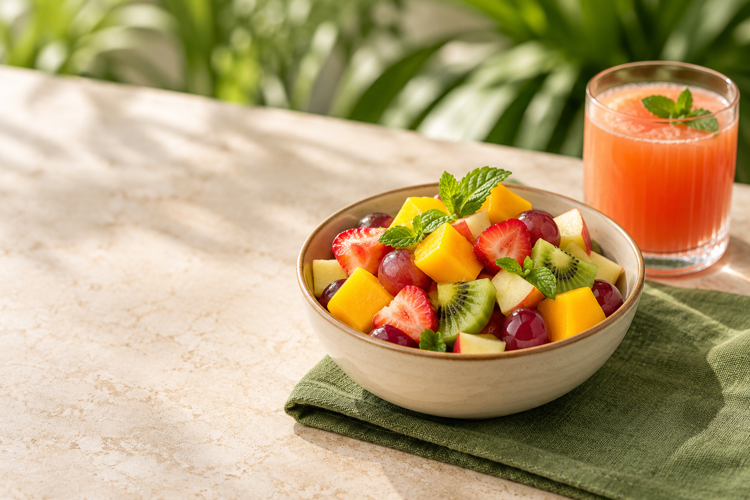 Colorful fruit salad with mango, strawberries, grapes and kiwi beside a glass of juice